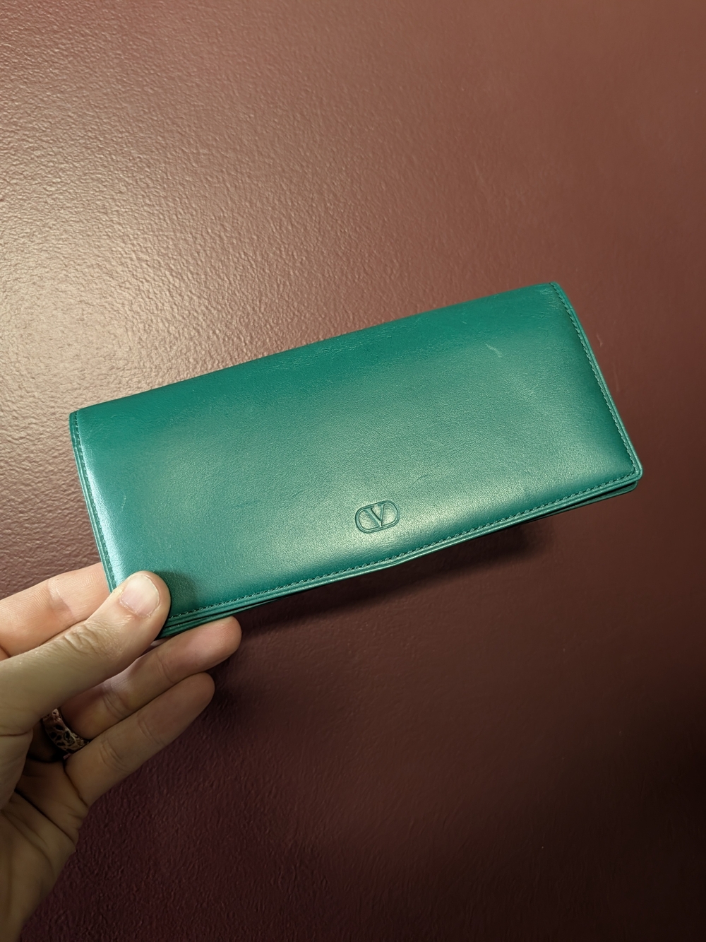 Valentino Garavani Sea Green Leather Long Folding Billfold Logo Zipper Wallet